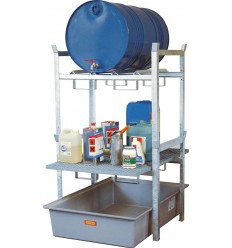 Regał na beczki typ 400 z podporą na 2 beczki 60 l lub 1 beczkę 200 l i kratą podtrzymującą małe pojemniki