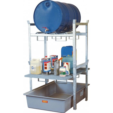 Regał na beczki typ 400 z podporą na 2 beczki 60 l lub 1 beczkę 200 l i kratą podtrzymującą małe pojemniki