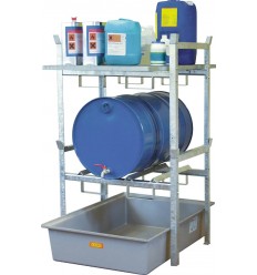 Regał na beczki typ 400 z podporą na 2 beczki 60 l lub 1 beczkę 200 l i kratą podtrzymującą małe pojemniki